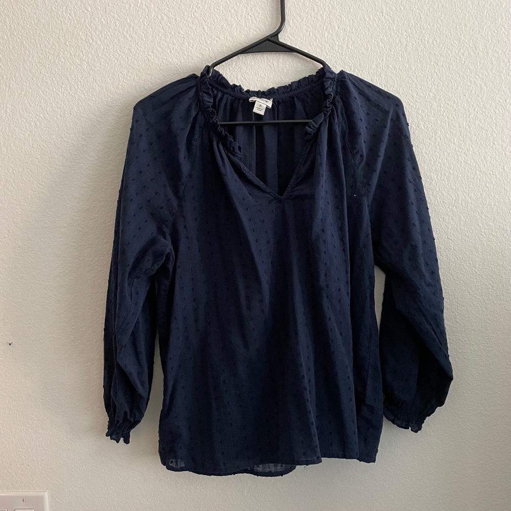 J. Crew Blouse Women's Sm Blue Preppy Textured Sheer Ruffle Collar V-Neck